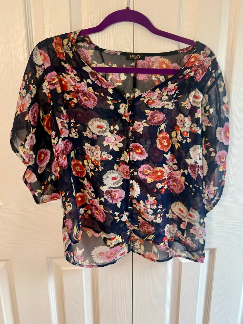 FYLO Navy Floral Sheer Blouse — Button Front — Approx. M/L